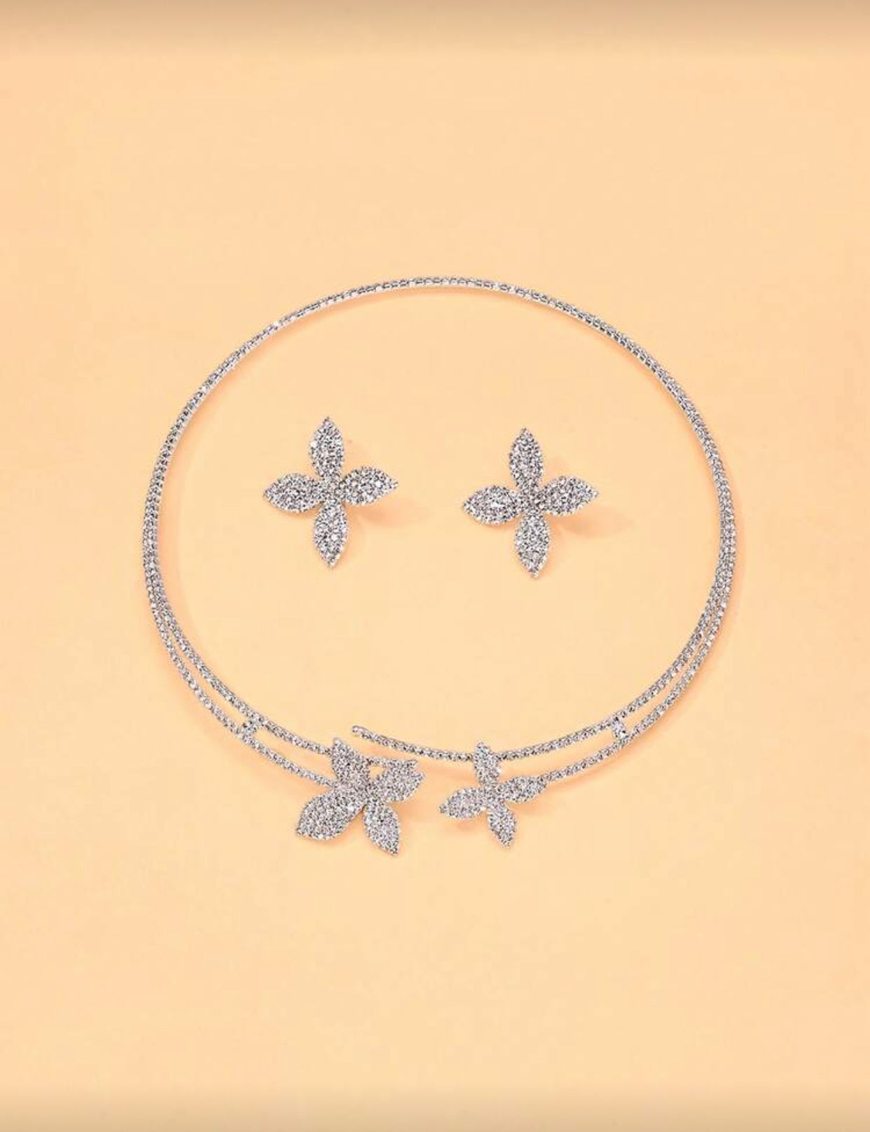 Flower Rhinestone Necklace and Earrings Set
