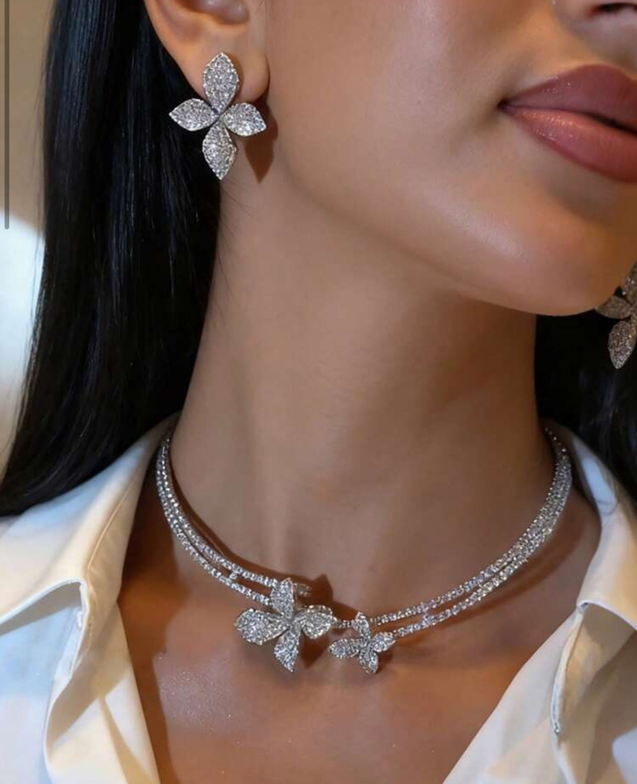 Flower Rhinestone Necklace and Earrings Set