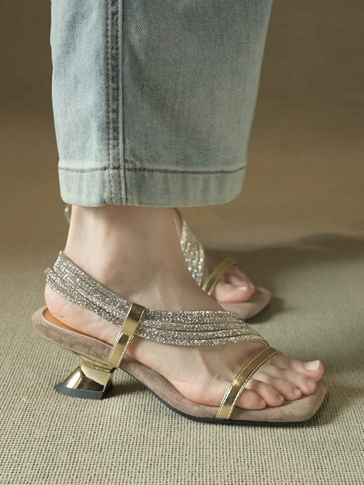 Women's Square-Toe Rhinestone Chunky Heel Sandals 2.2 in