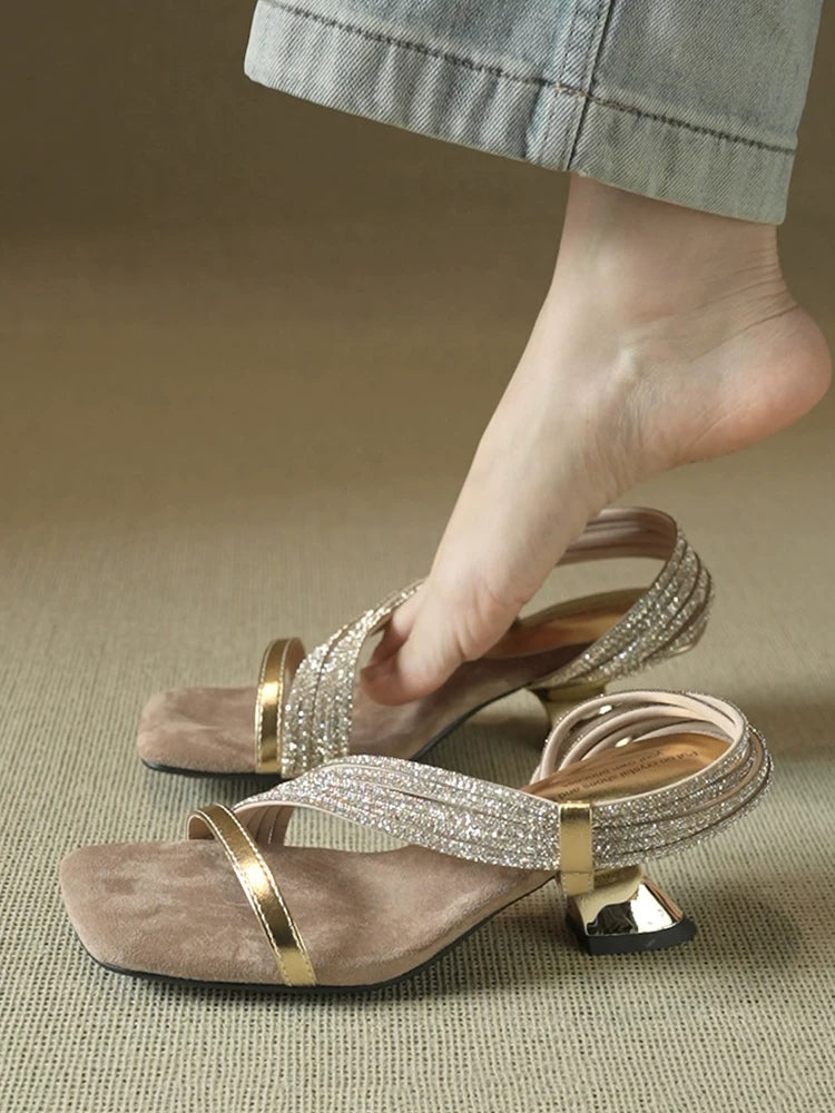 Women's Square-Toe Rhinestone Chunky Heel Sandals 2.2 in