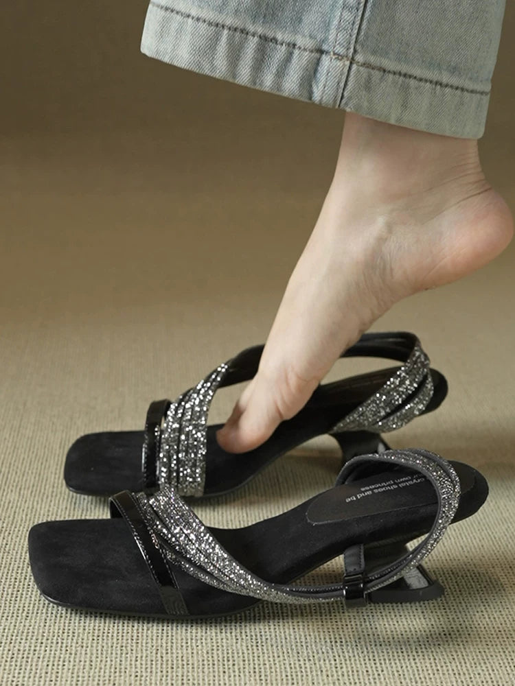 Women's Square-Toe Rhinestone Chunky Heel Sandals 2.2 in