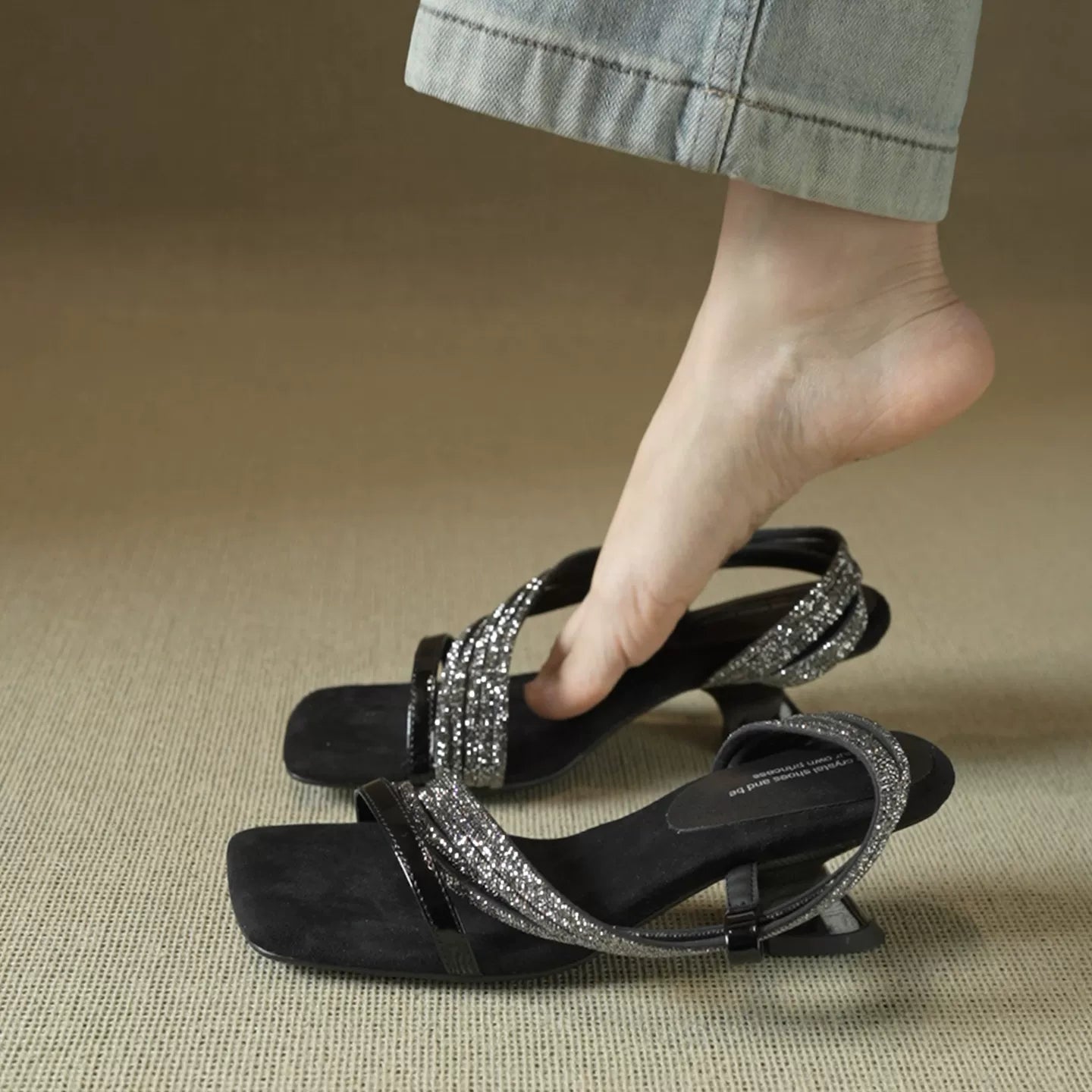 Women's Square-Toe Rhinestone Chunky Heel Sandals 2.2 in