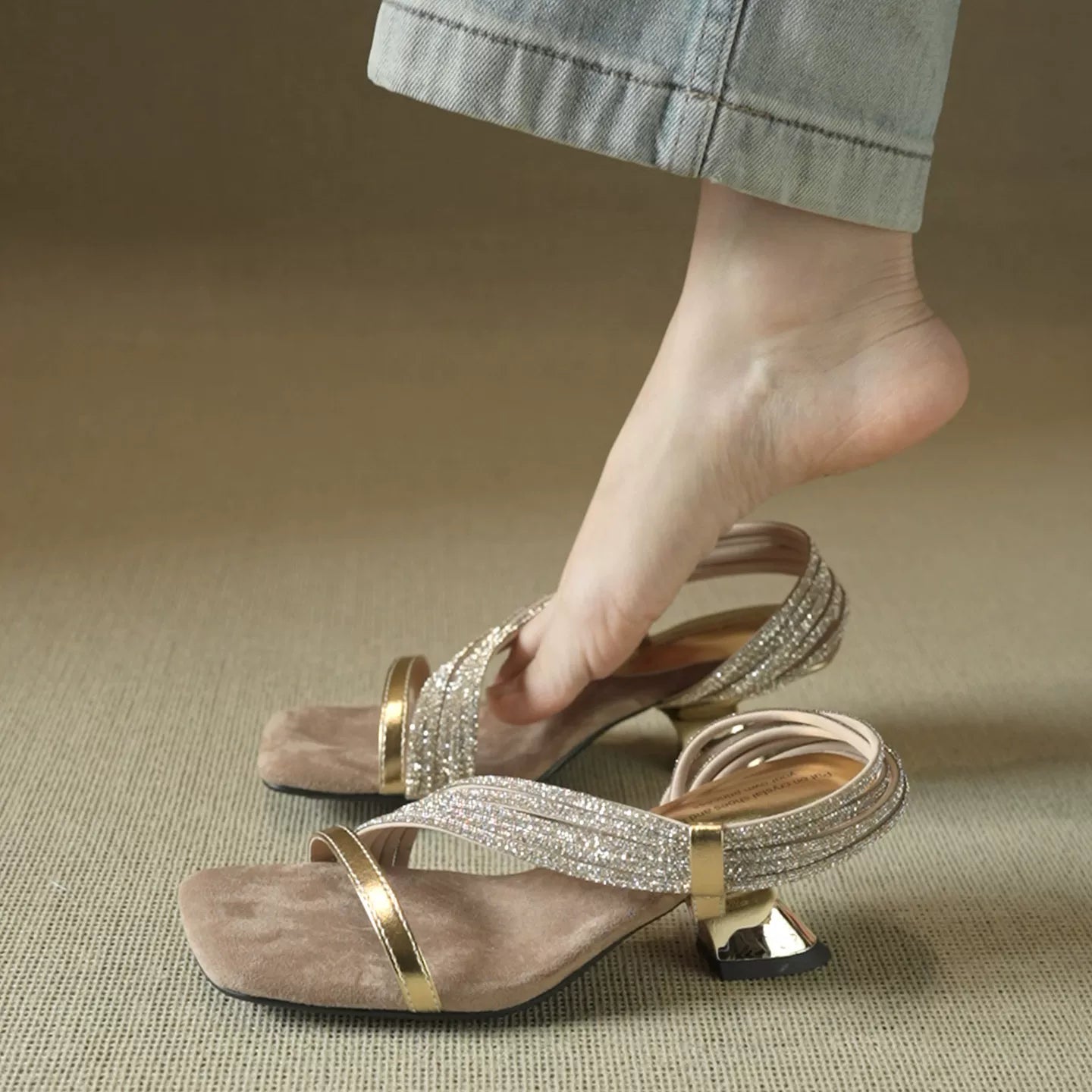 Women's Square-Toe Rhinestone Chunky Heel Sandals 2.2 in